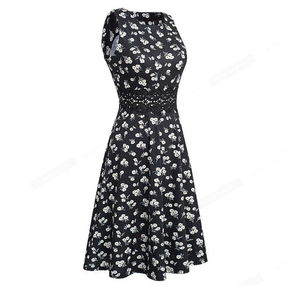 Women Vintage Casual Round Neck A line Summer Elegant Floral Lace Patchwork Sleeveless Tunic Party Swing Dress HA079