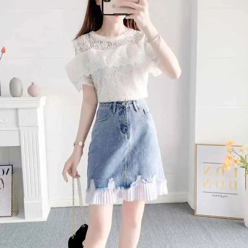 Short 2 Pieces Sets for Women Commuting Skirt White Mature Denim Sleeve Woman Outfit Blue Mini Kawaii Summer Fashion 2025 Full