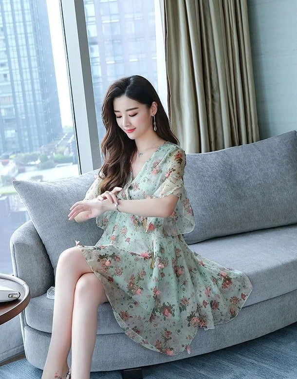 Chiffon Floral V-neck Ruffle Woman Dress Promotion Elegant and Pretty Korean Style Fashion Summer 2025 Chic Dresses for Women