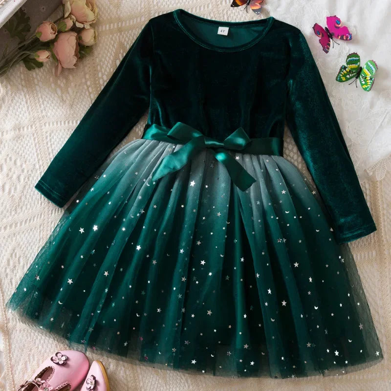 Girl Party Princess Dress Autumn Winter 3-8Y Children Christmas New Year Velvet Top Gradient Stars Mesh Bow Dress