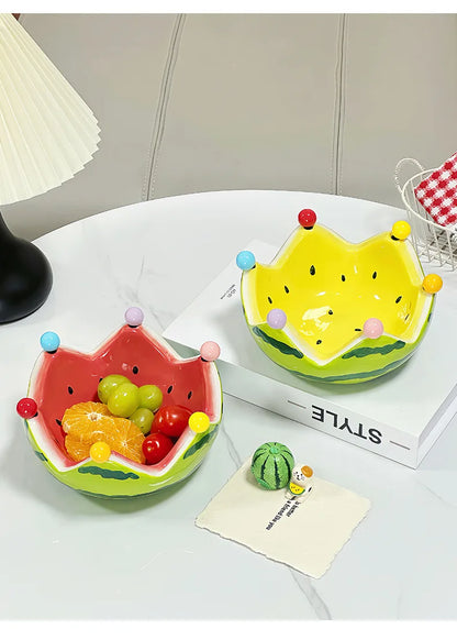 Watermelon Fruit Plate Creative Ceramic Fruit Fork Set Large Capacity Living Room Coffee Table Fruit Bowl Plate Cute  Ornaments (Available)