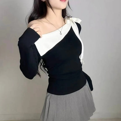 Women's Knitted Sweater Chic oulder Bow Design Long Sve Sweet Inner Wear Base irt Korean Sle Faionable Top