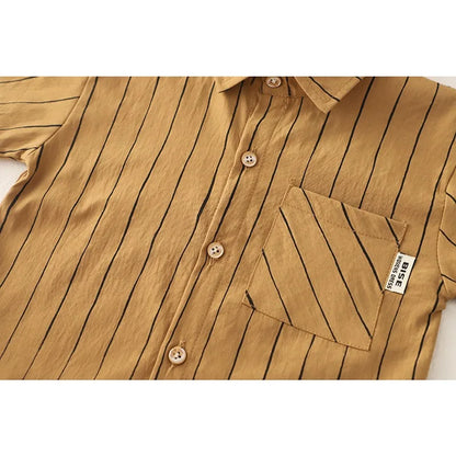 New Fashion Soft and Comfortable Children's Coffee Vertical Stripe Shirt Shorts Three-piece Set Kids Clothes Boys