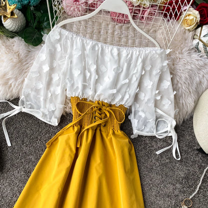 Summer Women's Dress Sexy Off Shoulder Patchwork Party Flower Chiffon Waist Lace Up Beach Short Dresses