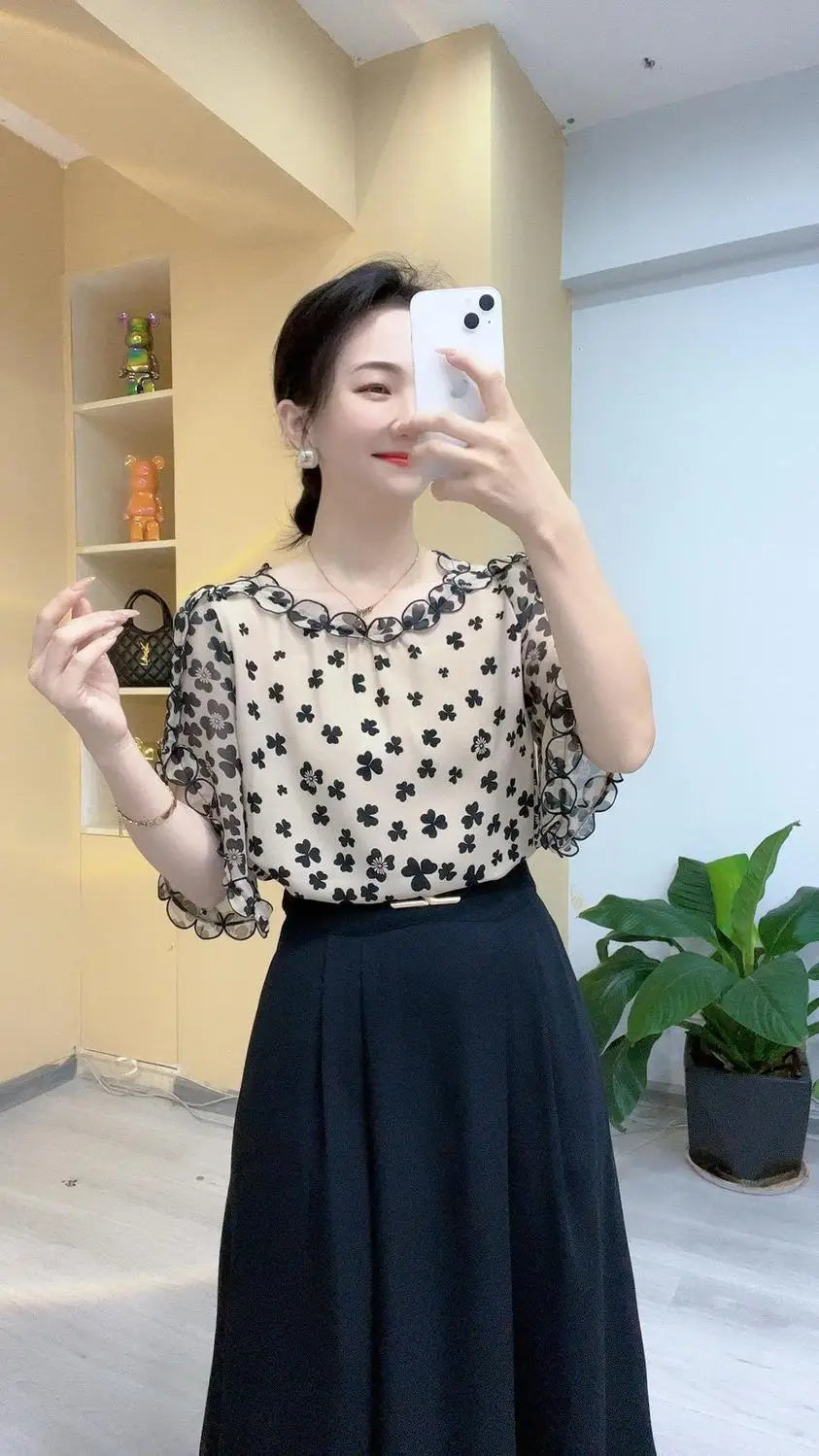 Elegant O-Neck Printed Folds Ruffles Flare Sleeve Blouses Women's Clothing 2024 Summer New Loose Korean Tops Office Lady Shirts