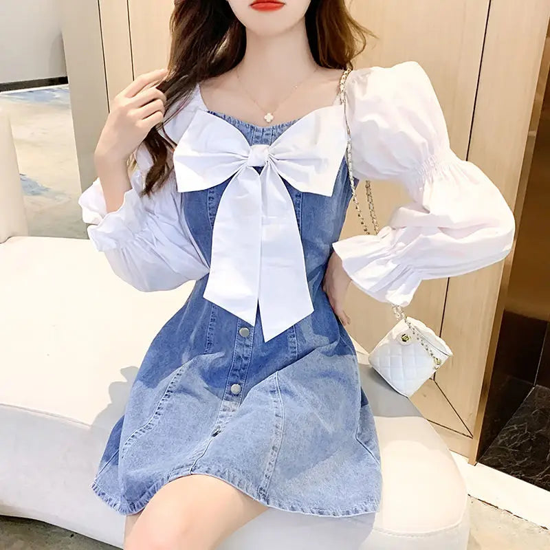 Jielur Korean Dress for Women Fashion Square Collar Puff Sleeve Sweet Bow Robe Femme Patchwork Tunic Denim Dress