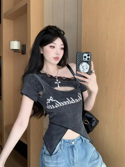 Onalippa 2026 Korean Design Niche Sweet Spicy Girl Lace Edge Hollow Out Vintage Short Sleeved T-shirt Summer Letter Printed Top