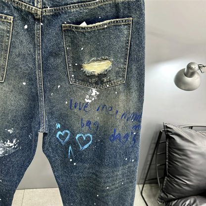 High End Men'S Clothing Hip Hop Graffiti Baggy Jeans For Men Streetwear Skateboard Ripped Jeans Korean Trendy Denim Trousers  ( Available )