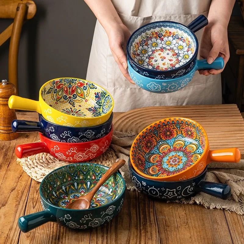 Single Handle Ceramic Noodle Bowl, Bohemian Design, Large Bowl, Creative Restaurant, Household Salad, Dessert Bowl, Home Decorat