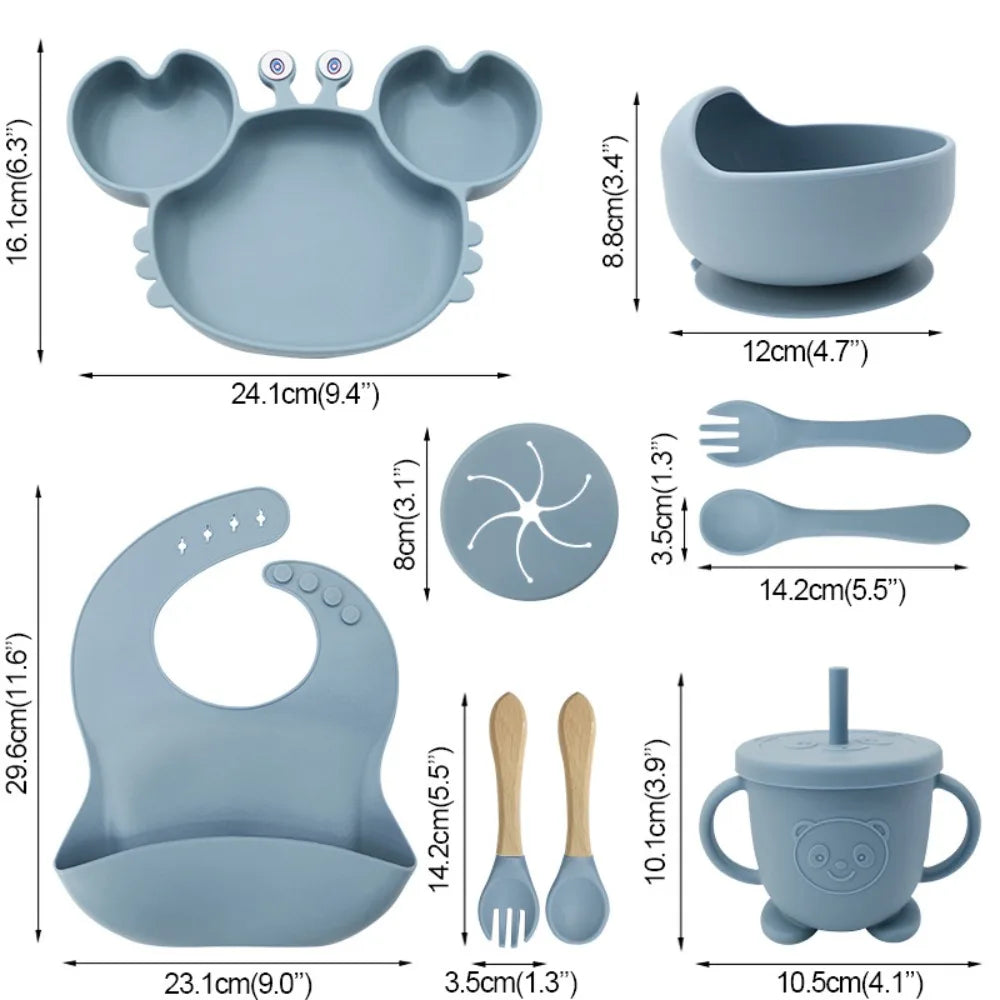 Baby Feeding Set 9PCS Silicone Crab Bowl Plate Spoon Fork Toddler Tableware Kids Dish Infant Utensils