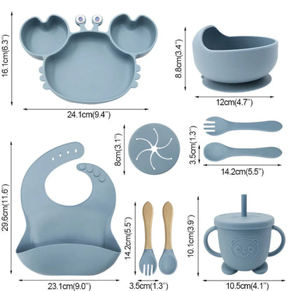 Baby Feeding Set 9PCS Silicone Crab Bowl Plate Spoon Fork Toddler Tableware Kids Dish Infant Utensils