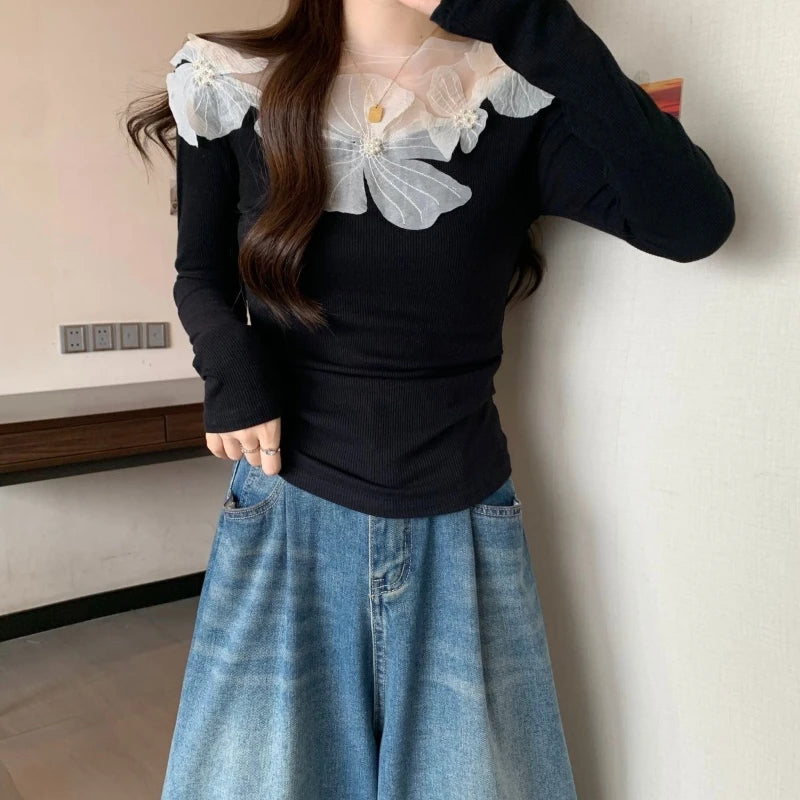 Sexy Patchwork Slim T Shirts Spring Autumn New Long Sleeve Off Shoulder Solid Temperament Tops High Street Fashion Women Clothes