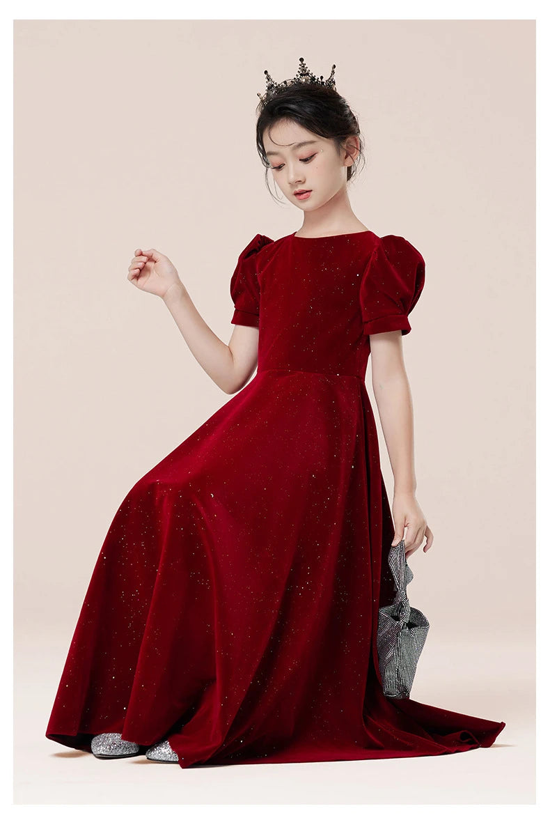 Kids Party Dress Clothing For Birthday Princess  Wine Red Piano Wedding Flower Girl 5-17 Years Old  Host Children's Formal Dress