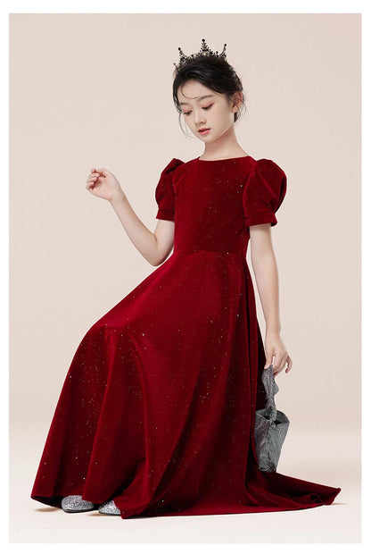 Kids Party Dress Clothing For Birthday Princess  Wine Red Piano Wedding Flower Girl 5-17 Years Old  Host Children's Formal Dress