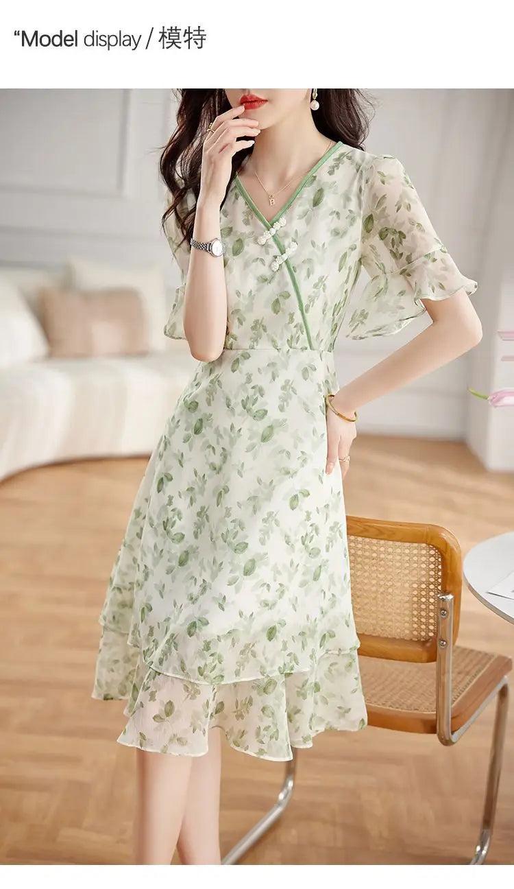 Women's Green Floral Print Chiffon Dress V Neck Ruffle Sleeve Double Layer Hem Casual Midi Dress