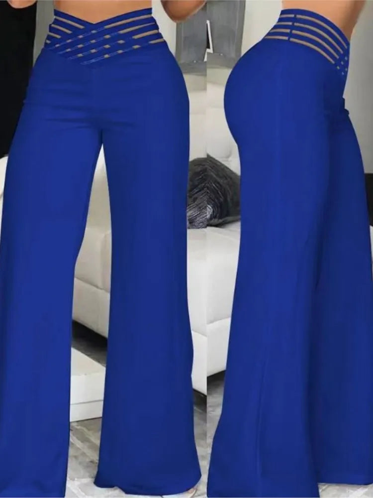 Women Wide Leg Flared Pants  Spring Casual Crisscross Sheer Mesh Patch High Waist Trousers Y2k Streetwear Elegant Work Pant (Available)