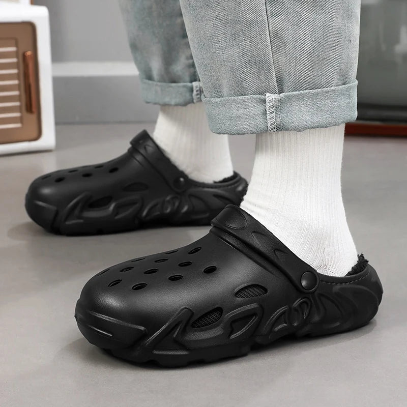 Winter Warm Home Slippers Men Waterproof Fur Clogs Slippers Garden Slippers Fuzzy Plush Slippers Bedroom Shoe For Indoor Outdoor