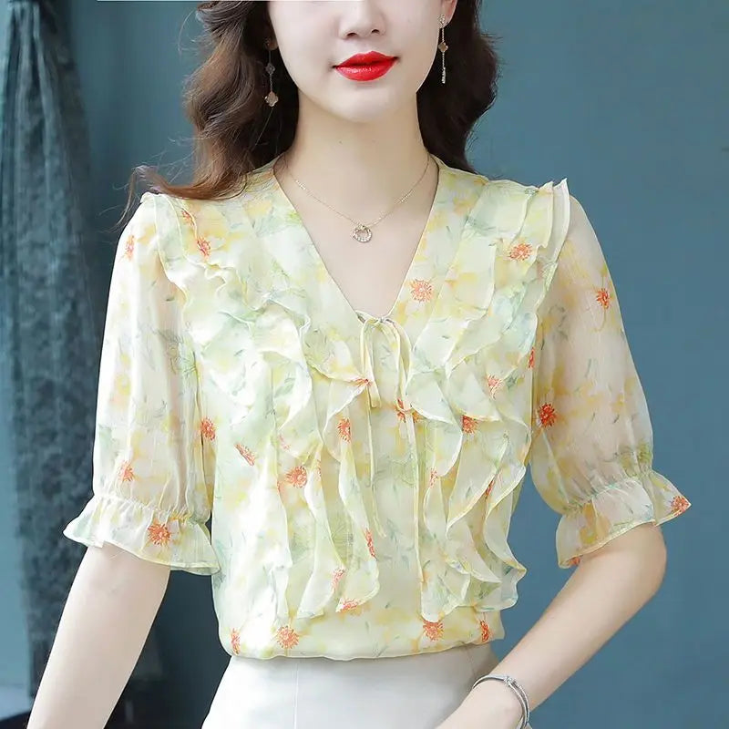 Fashion Printed Spliced Lace Up Bow Ruffles Floral Blouse Women's Clothing Summer New Casual Pullovers Loose Sweet Shirt