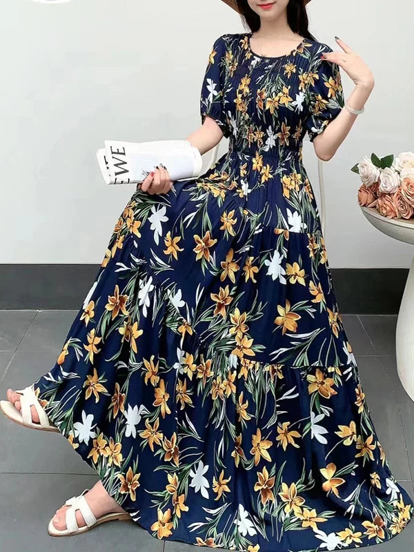 Summer New Cotton Silk Dr Casual High Waist Floral Print Beachwear Outerwear Slimming Waist Long Skirt A-Line Gown