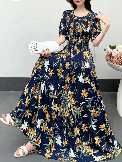 Summer New Cotton Silk Dr Casual High Waist Floral Print Beachwear Outerwear Slimming Waist Long Skirt A-Line Gown
