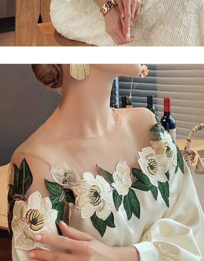 Embroidered Heavy Work Satin Patchwork irt Women's Sle Spring New Arrival Long Sve round Ne Fly Sve Lace Top