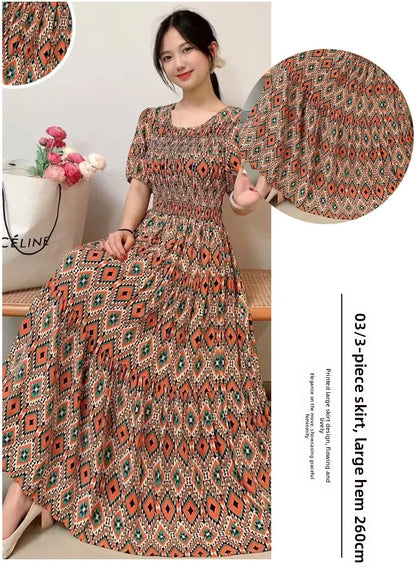 Summer New Cotton Silk Dr Casual High Waist Floral Print Beachwear Outerwear Slimming Waist Long Skirt A-Line Gown