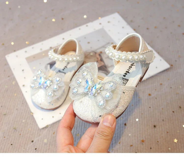 Baby Girls Leather Shoes  Spring Summer Children Casual Half Sandals Sequins with Crystal Butterfly Fashion Princess Sweet