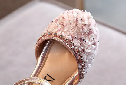2023 Crystal Bow Single Shoes Summer Girls Fashion Princess Soft Shoes Children Pu Leather Flat Baby Rhinestone Sandals A986