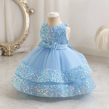 2025 Summer Girls Party Dresses 1-6 Years Kids Glittering Princess Dress Baby High-end First Birthday Party Evening Dress