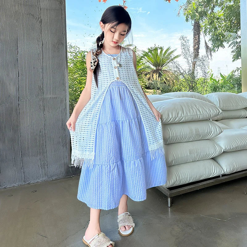 5-14Years Old Girls Dress Children Summer Sweet Beach Holiday Gown Kids Dresses Teenager Sleeveless Clothing Sets