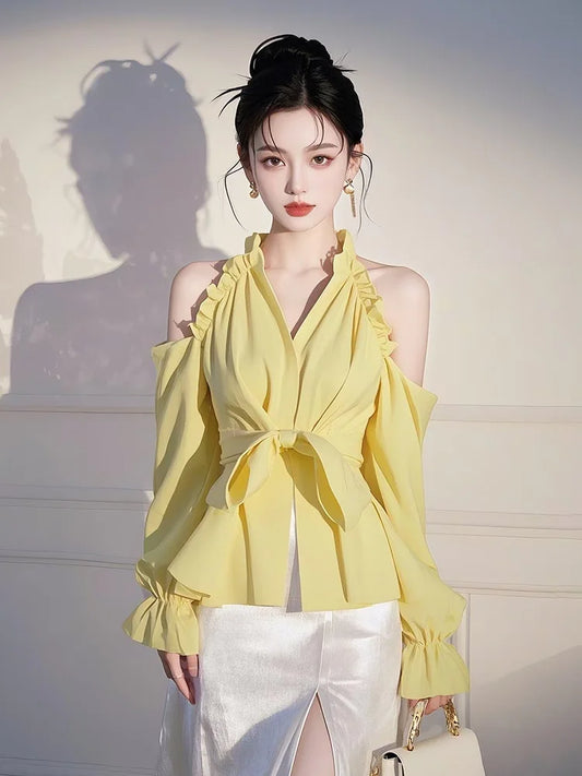 Design sense off shoulder bow yellow shirt women's spring high-end unique niche super good-looking beautiful top