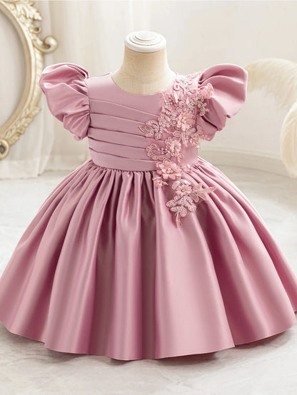 Girls' birthday dresses, bubble sleeves, three-dimensional flower party dresses, holiday dresses, girls' satin dresses, princess