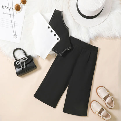 Summer Baby Girl Suits Toddler Clothes Set Black Whit Vest Wide Leg Trousers Flare Pants Kids Outfit Elegant Fashion Children
