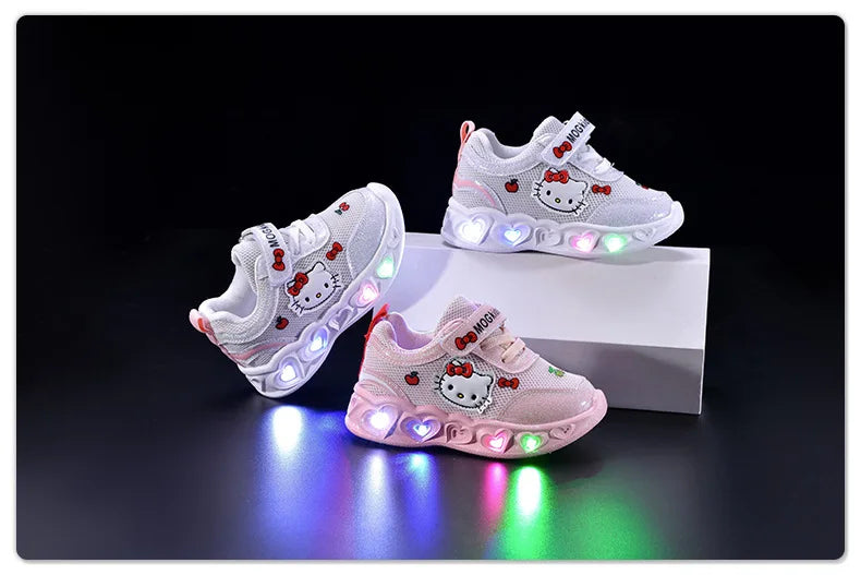 Sanrio LED Kids Shoes for Girls Cute Cartoon Hello Kitty Shoes Summer Girl Kawaii Shoes Soft Bottom Sneakers Casual Shoes