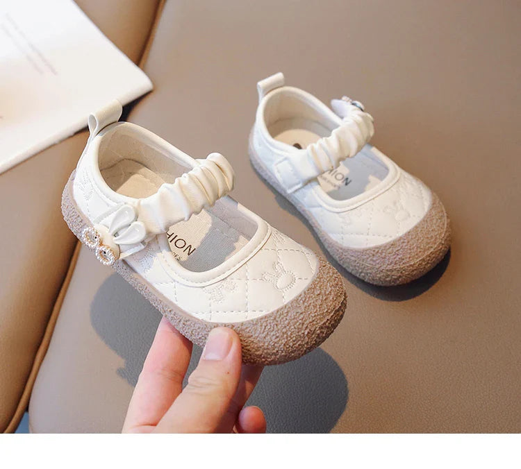 Girl's Mary Janes Cute Flat Sewing Pu Leather Little Children Leather Shoes Pu 21-30 Hook-loop Anti-slip Lovely Kids Spring Shoe