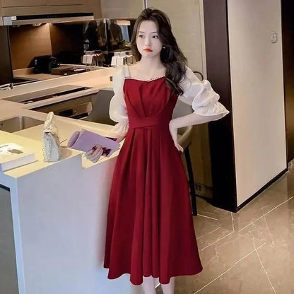 Slimming Long French Collar Dress with Belt and Patchwork for Plus Size Women Empire Waist Knee Length Bubble Sleeve Dress
