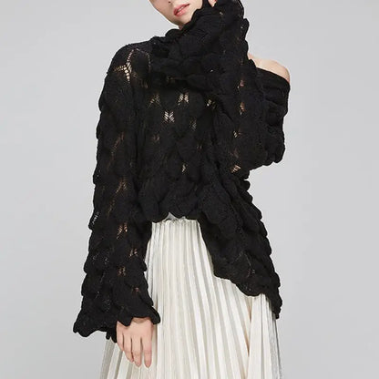 Hot 2026 Autumn Winter New European American Women's Fashion Hollow Loose Knitted Sweater Round Neck Trumpet Sleeve Head Sweater