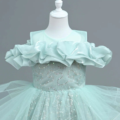 New Girl's Wedding Evening Dress Petal Sequin Mesh Sleeveless Dress Birthday Party School Graduation Party Dress