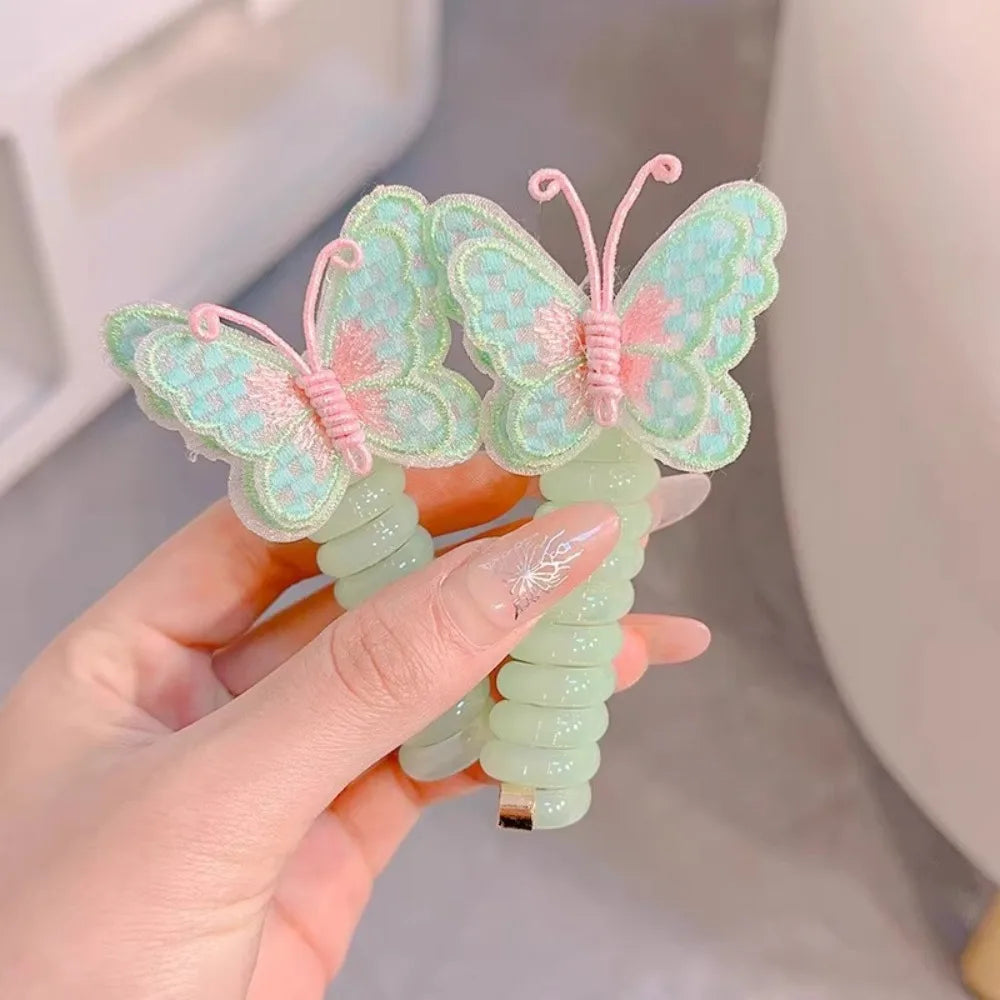 Cute Elastic Telephone Wire Line DIY Butterfly Hair Bundle Phone Cord Ponytail Holder Girls