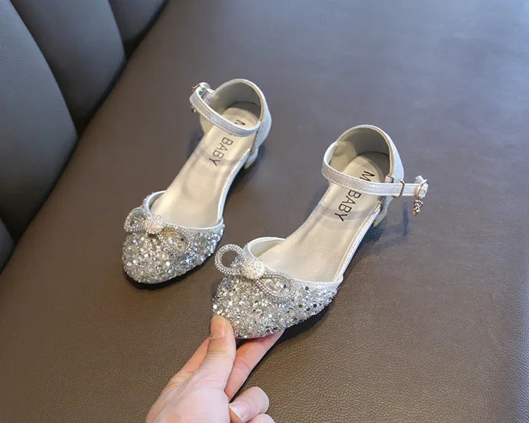 Girls High Heels for Kids Party Wedding Evening Dress Shoes 2021 Fashion Crystal Summer Princess Stockings Girl Sandals E02165