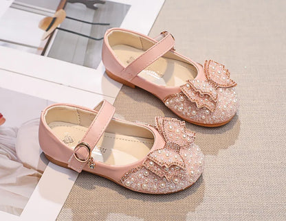 Fashion Girl Glitter Shoes Kids Flat Shoes Sequins Rhinestone Pearl Princess Bowknot Leather Shoes for Student Performance Party