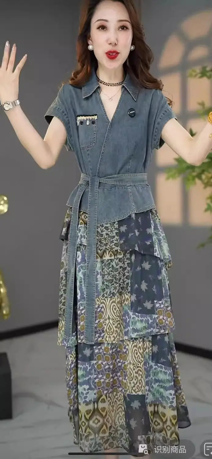 Women's Summer Dress Fake Two Piece Cowboy New Vintage Simple Loose Casual Design Fashion Advanced Soft Niche Versatile Skinny