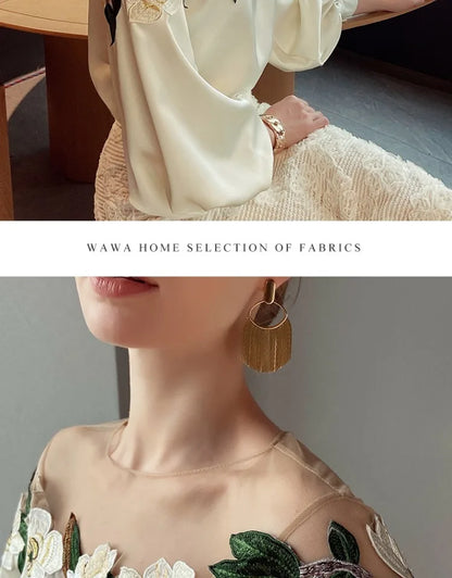 Embroidered Heavy Work Satin Patchwork irt Women's Sle Spring New Arrival Long Sve round Ne Fly Sve Lace Top