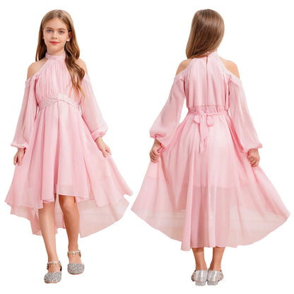 Kids Girls Elegant Party Dress Halter Off-shoulder High Waist Ruffled Chiffon Dresses Wedding Birthday Pageant Evening Prom Gown