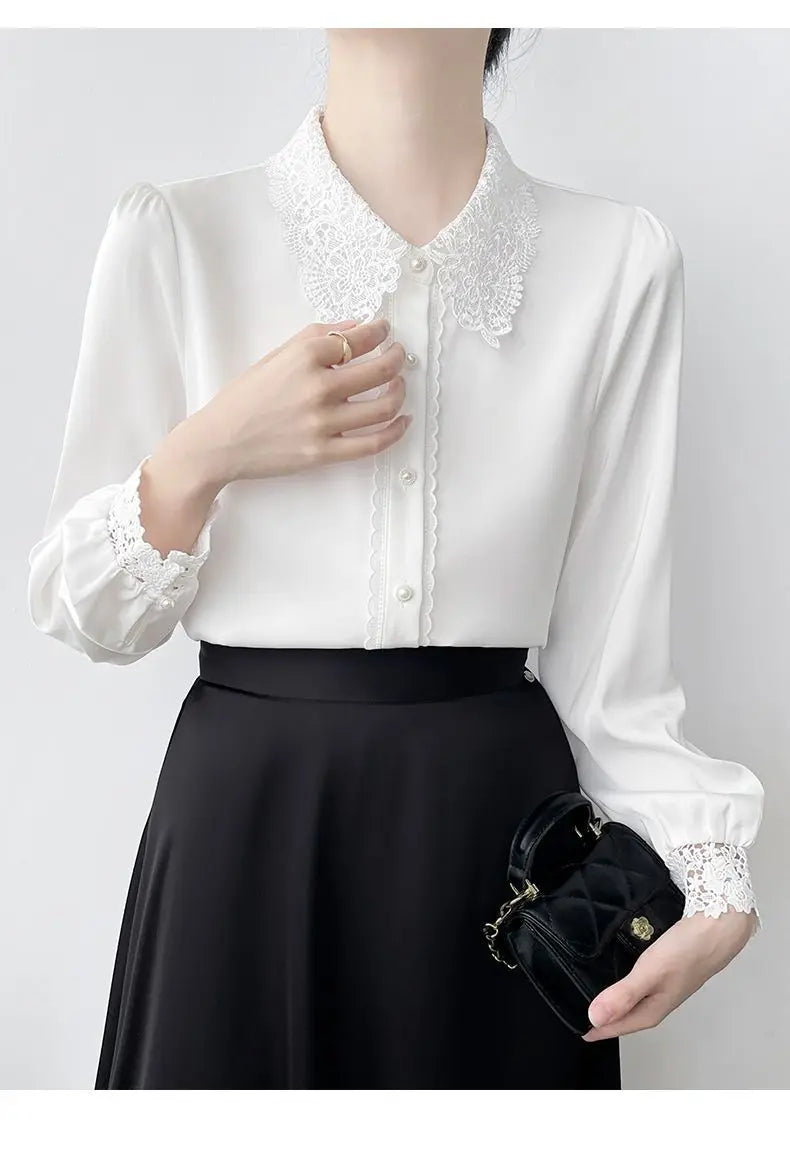 Lapel Lace Hollow Stitching Top Satin Shirt Women's Long-sleeved Temperament Autumn