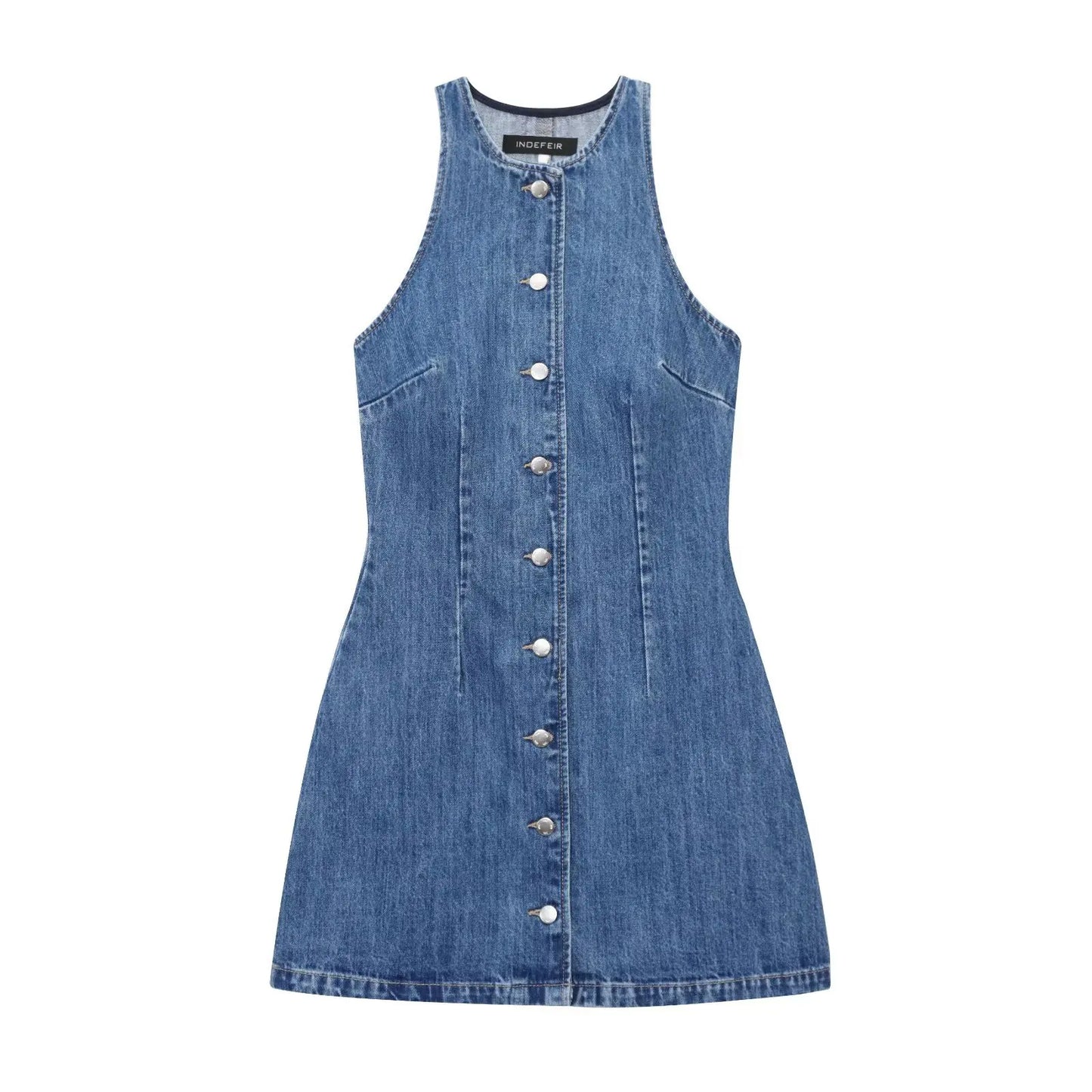 Vintage Denim Midi Dress Fashion Single Breasted Women Dress Round Neck Sleeveless Casual Women Party Short Dress Summer 2025
