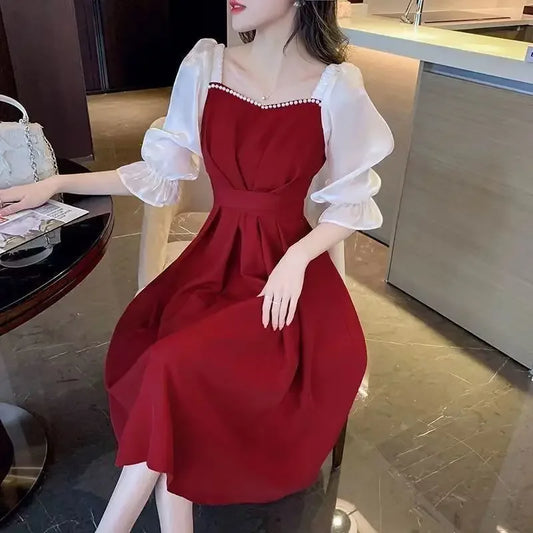 Slimming Long French Collar Dress with Belt and Patchwork for Plus Size Women Empire Waist Knee Length Bubble Sleeve Dress