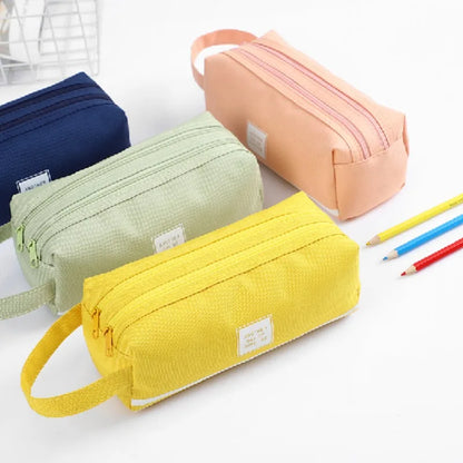 Large Capacity Canvas Pen Case Double Layer Pencil Pouch Middle Primary School Stationery Organizer Storage