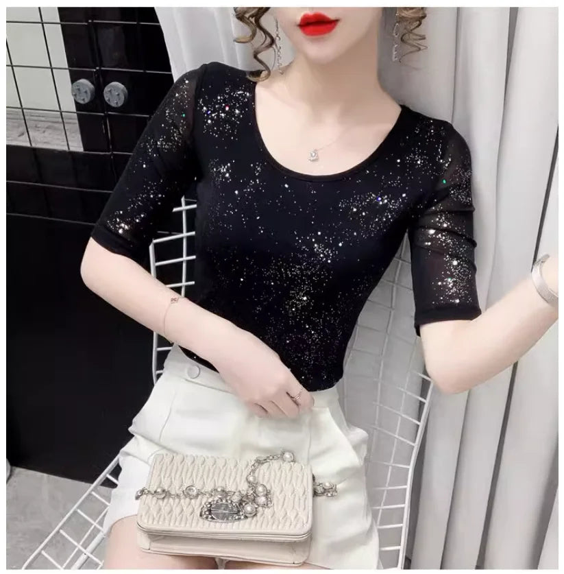 Summer Lady Mesh Tops Round Neck Short sleeved Bright Silk Tees Korean Fashion Black T shirt Women