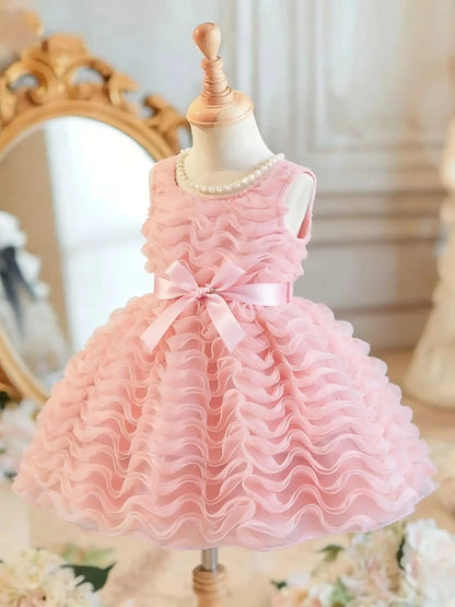 4-7 Years Girls' Birthday Party Dress - Round Collar 3D Ruffled Tulle, Perfect for Evening/Gathering